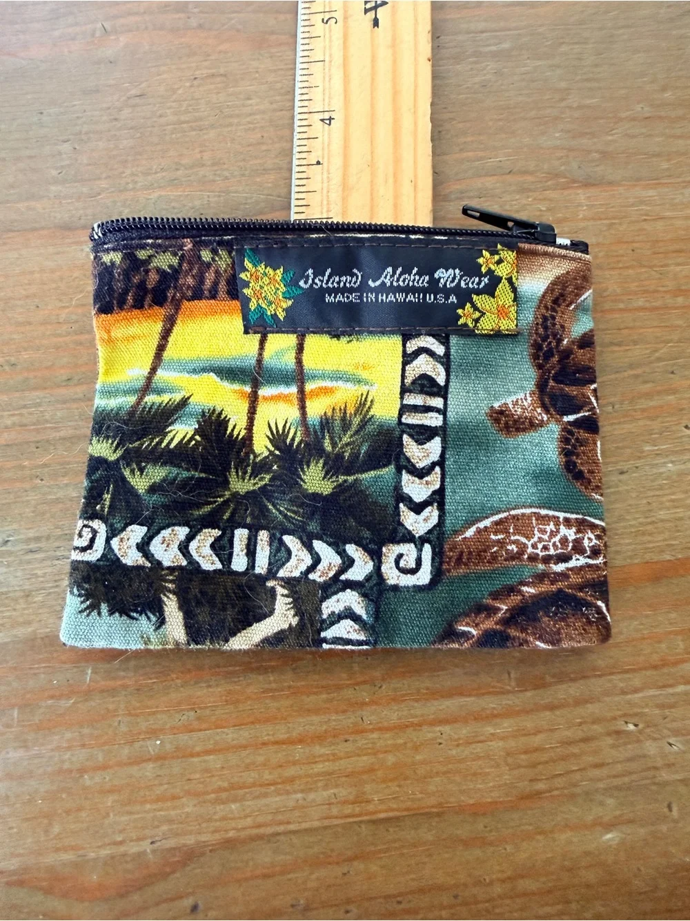 Island Aloha Wear Hawaiian Print Coin Pouch Card Wallet Teal & Brown Palm Trees